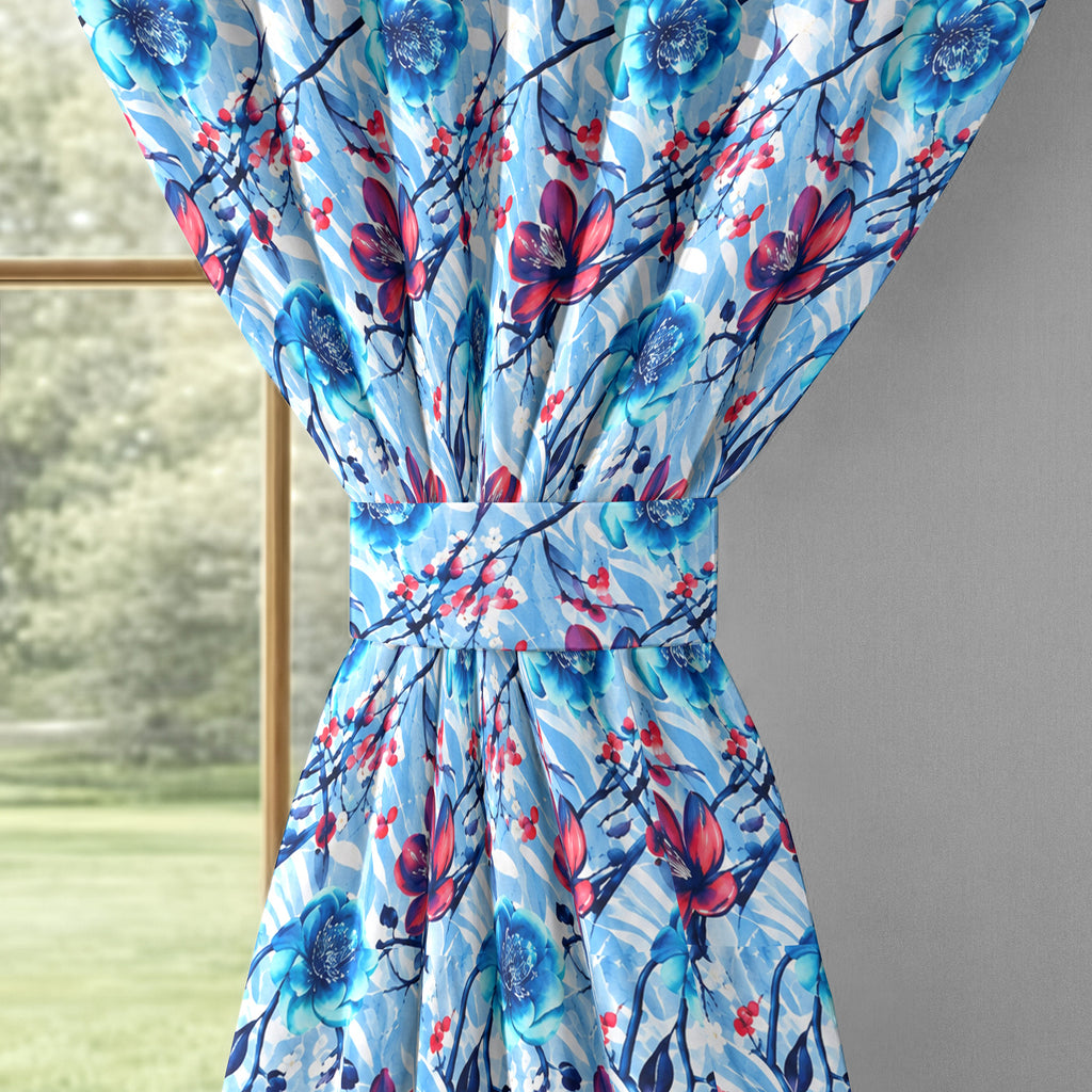 Powder Blue Ruby Floral Blossom 330 GSM Polyester 90% Blackout Eyelet Curtain