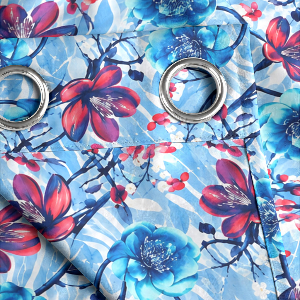 Powder Blue Ruby Floral Blossom 330 GSM Polyester 90% Blackout Eyelet Curtain