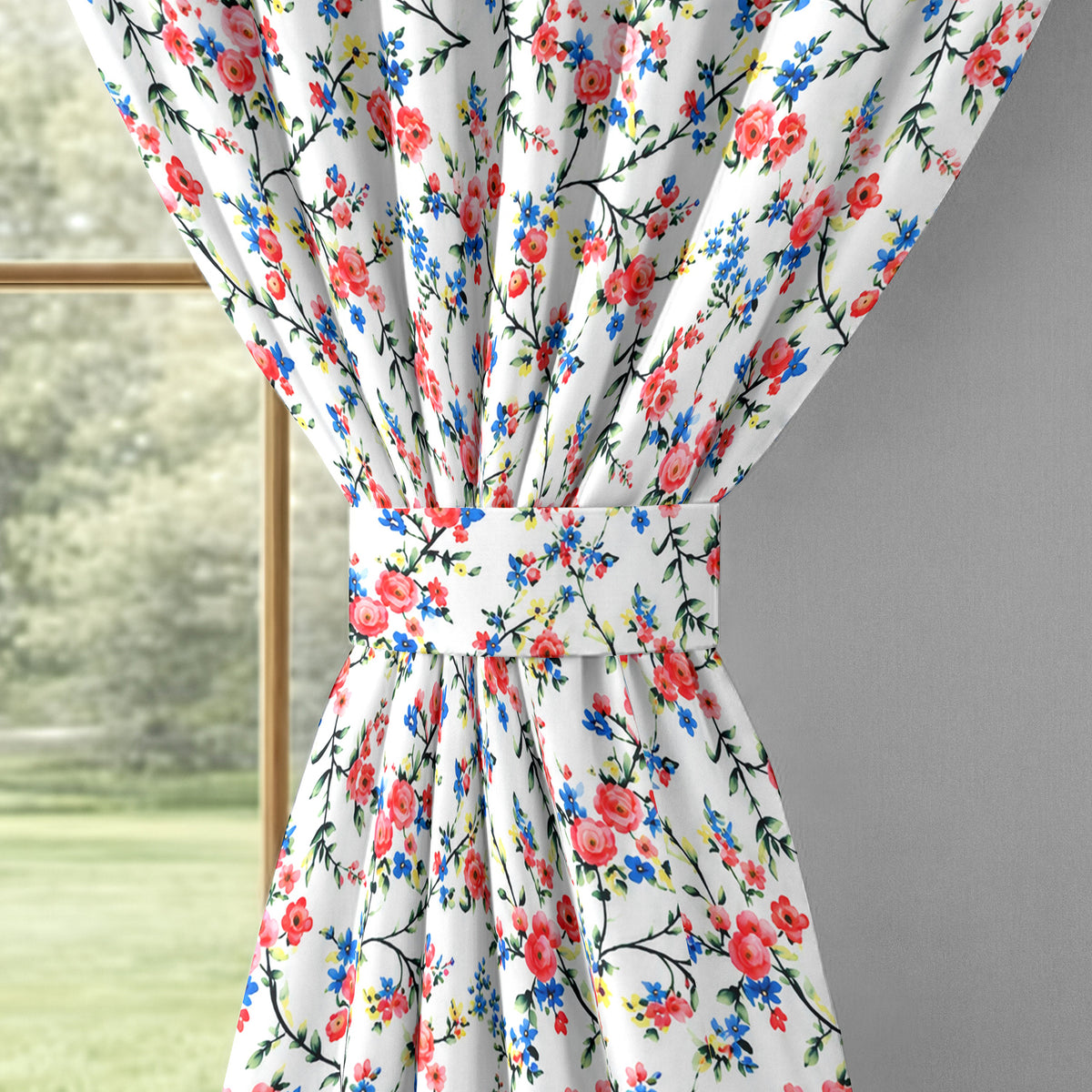 Ivory Multicolour Meadow Vine 330 GSM Polyester 90% Blackout Eyelet Curtain
