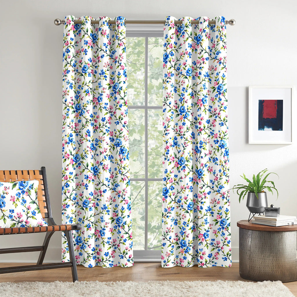 Ivory Blue Floral Vine 330 GSM Polyester 90% Blackout Eyelet Curtain