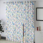 Ivory Blue Floral Vine 330 GSM Polyester 90% Blackout Eyelet Curtain