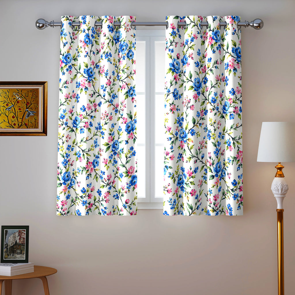 Ivory Blue Floral Vine 330 GSM Polyester 90% Blackout Eyelet Curtain