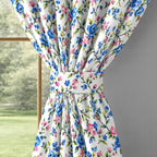 Ivory Blue Floral Vine 330 GSM Polyester 90% Blackout Eyelet Curtain