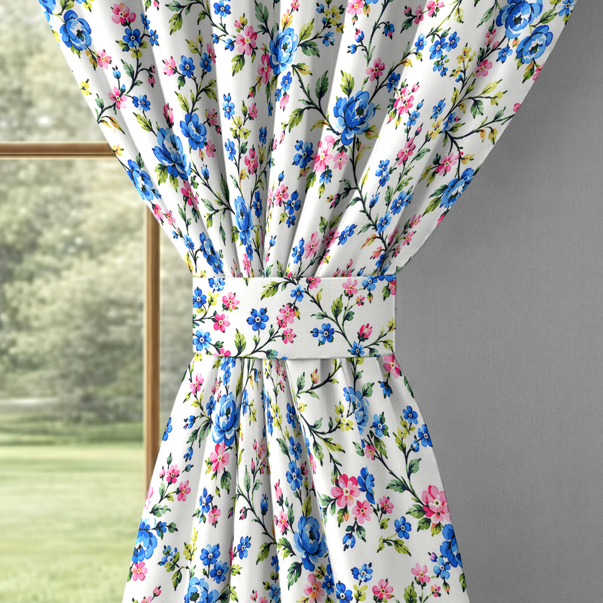 Ivory Blue Floral Vine 330 GSM Polyester 90% Blackout Eyelet Curtain