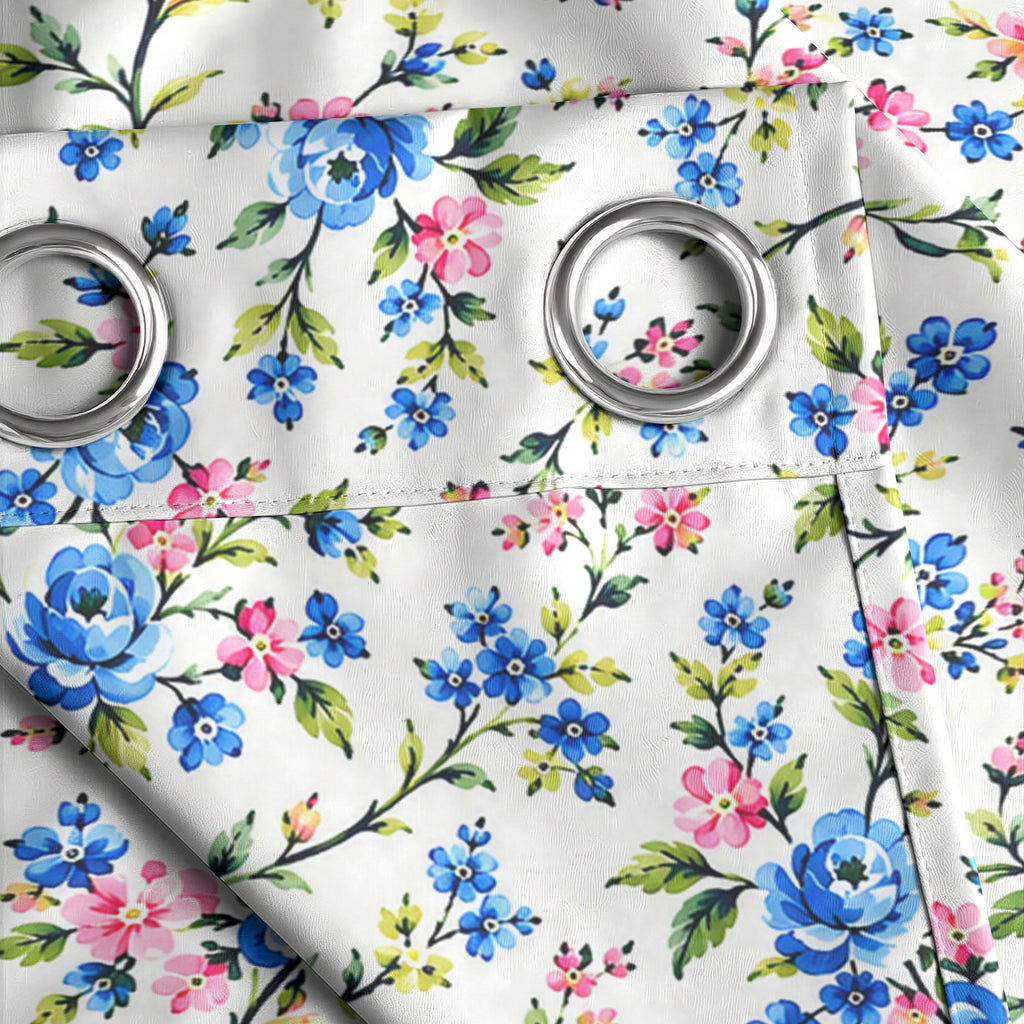 Ivory Blue Floral Vine 330 GSM Polyester 90% Blackout Eyelet Curtain