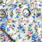 Ivory Blue Floral Vine 330 GSM Polyester 90% Blackout Eyelet Curtain
