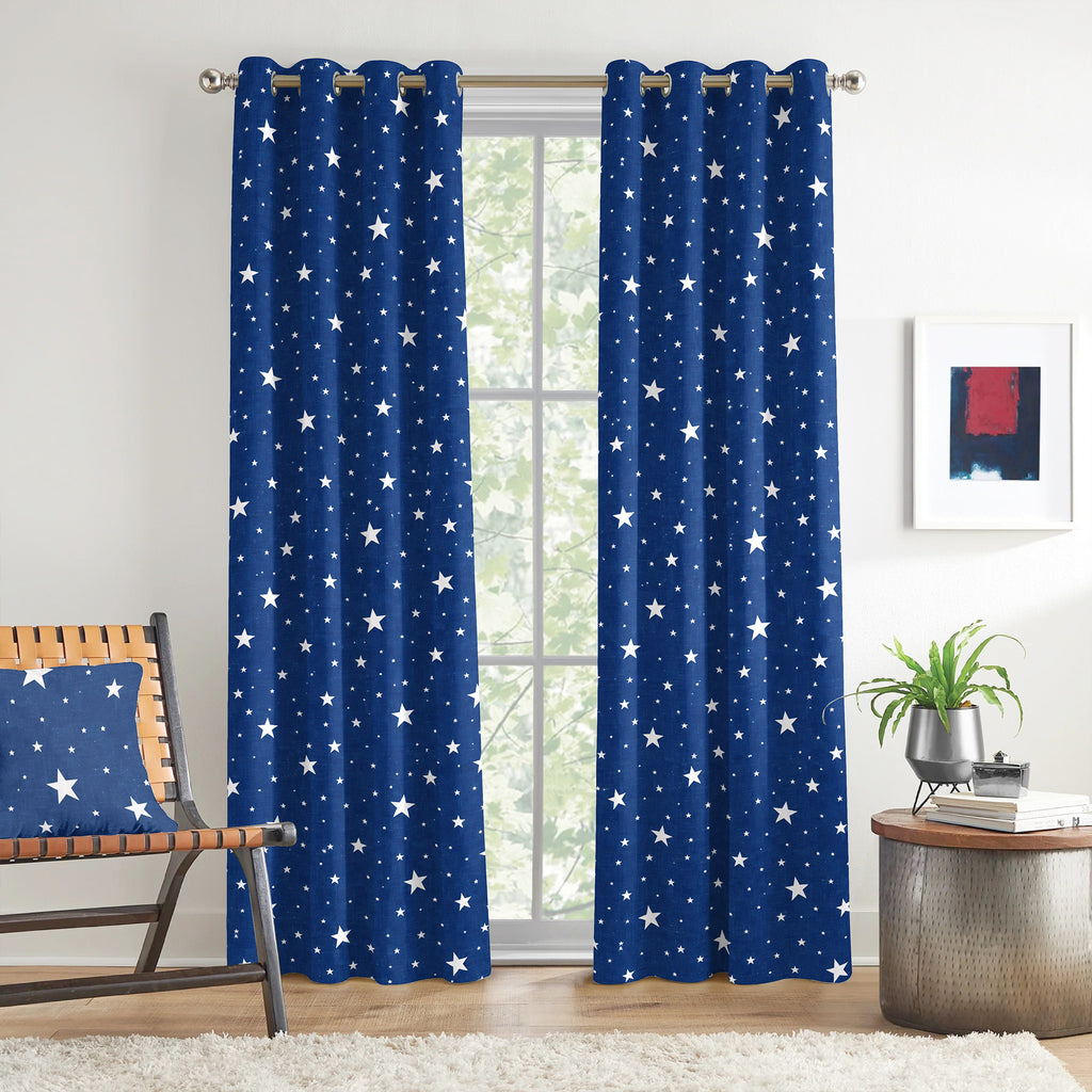 Navy Silver Starry Sky 330 GSM Polyester 90% Blackout Eyelet Curtain
