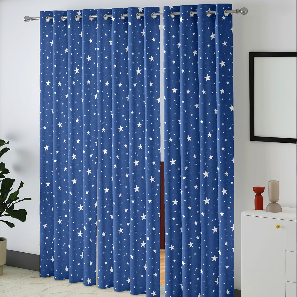 Navy Silver Starry Sky 330 GSM Polyester 90% Blackout Eyelet Curtain