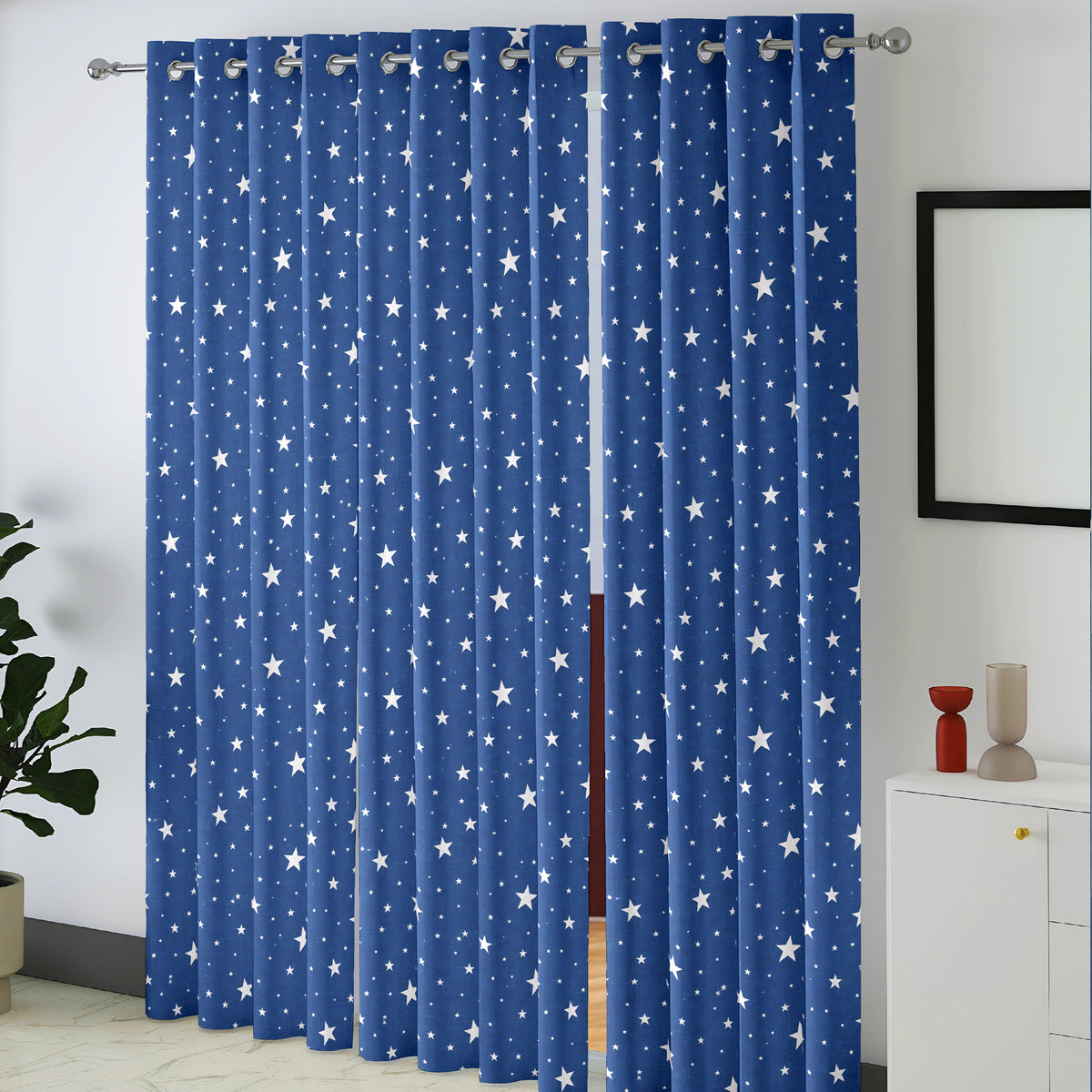 Navy Silver Starry Sky 330 GSM Polyester 90% Blackout Eyelet Curtain