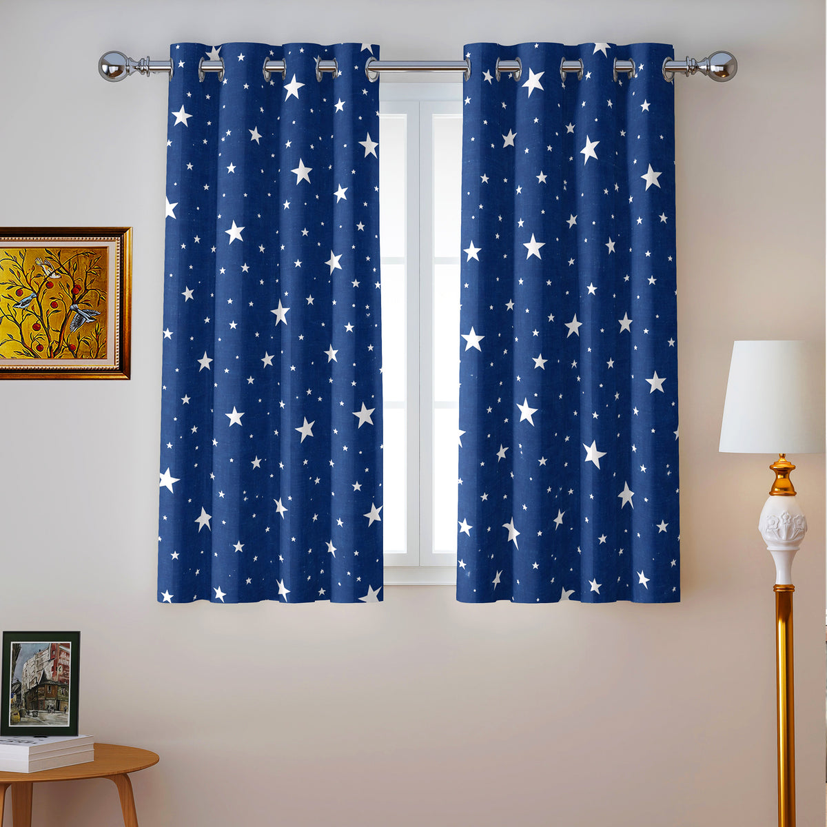 Navy Silver Starry Sky 330 GSM Polyester 90% Blackout Eyelet Curtain