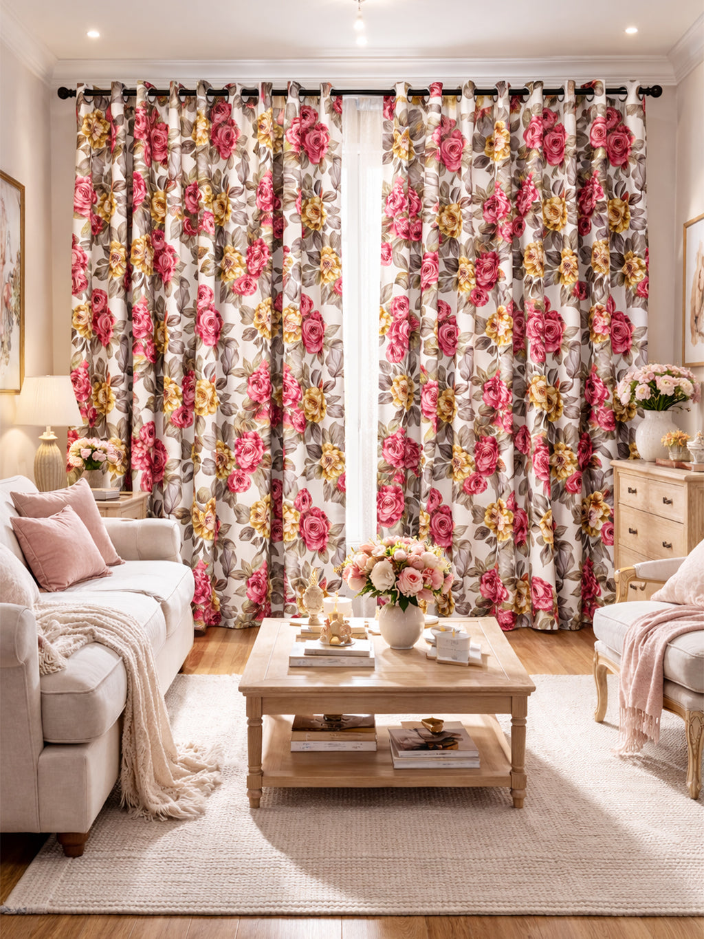 Crimson Bloom Floral Curtains – Red, Mustard & Grey, Set of 2