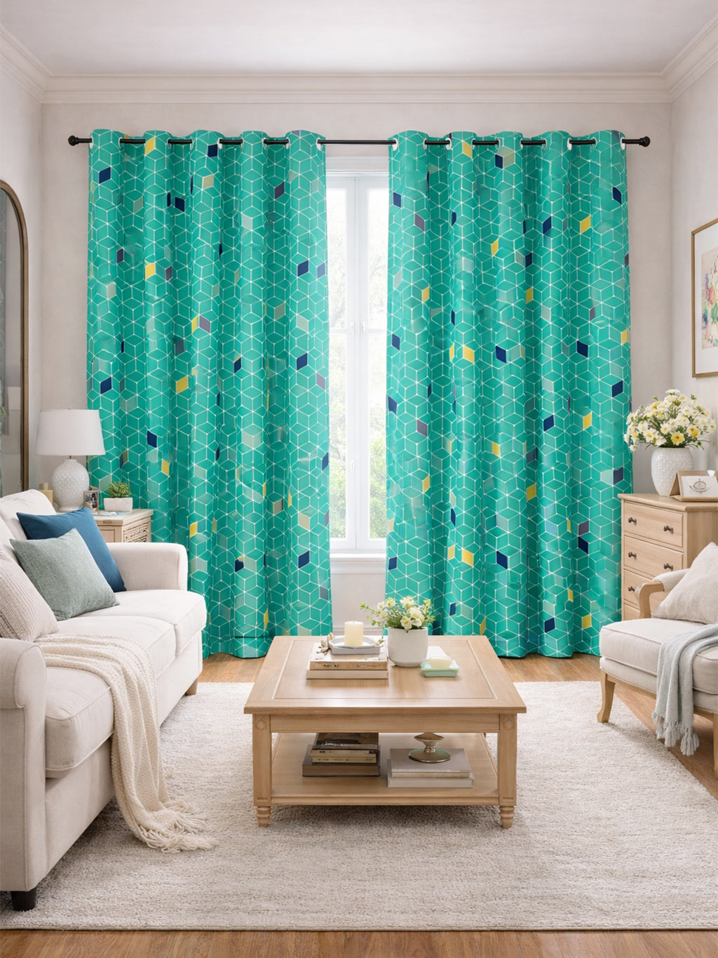 Teal Green Geometric Print 90% Blackout Knit Polyester 7.5 ft Door Curtain Pack of 1