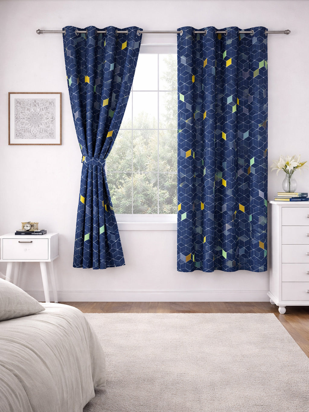 Geometric Cube Pattern Window Curtains – Blue, Yellow & Aqua, Set of 2