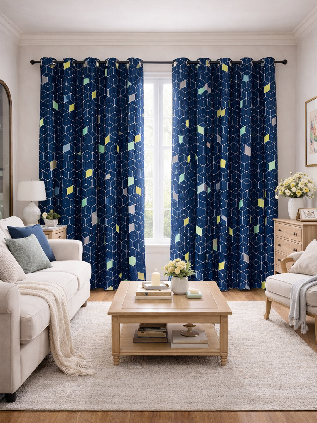 Geometric Cube Pattern Door Curtains – Blue, Yellow & Aqua