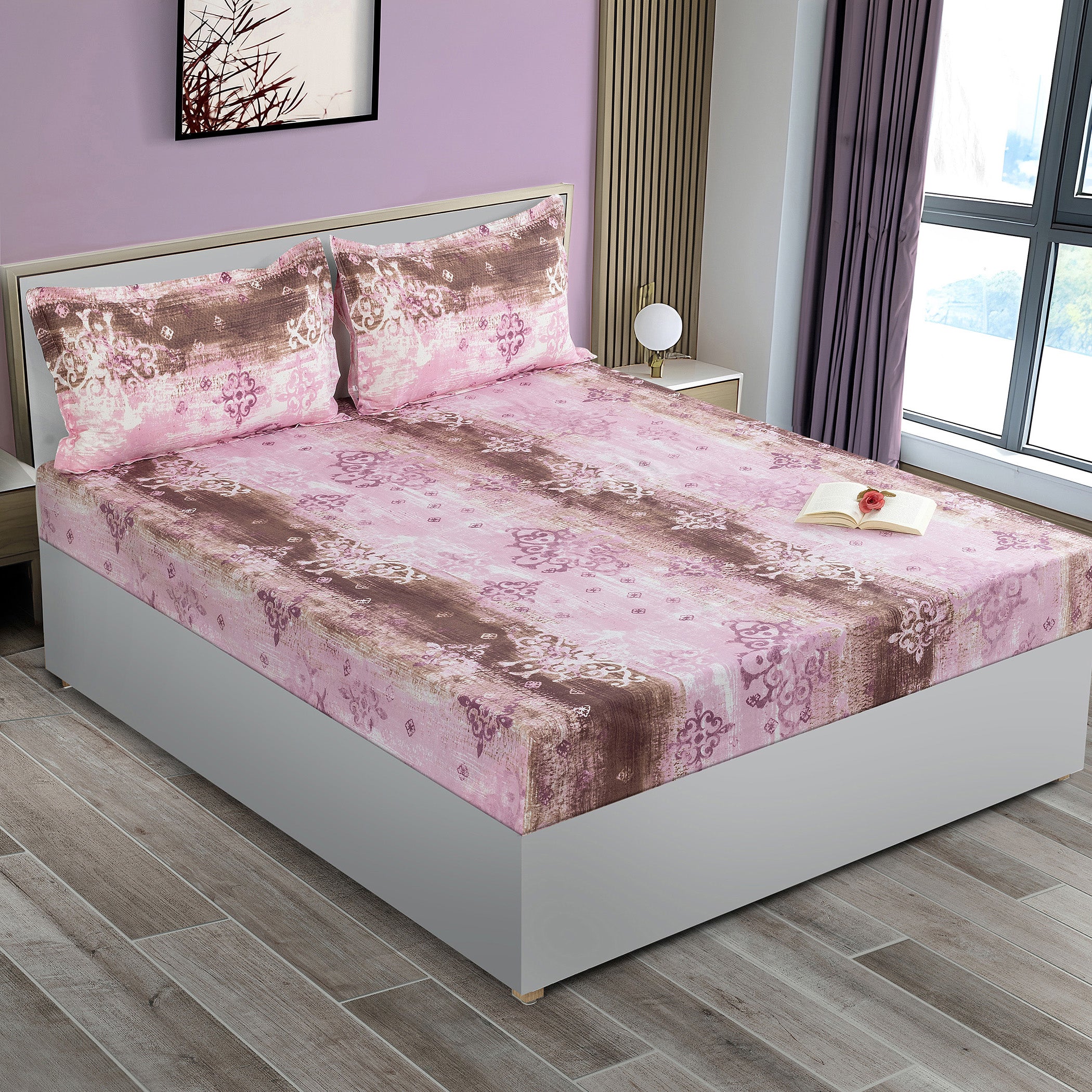 Rose Damask Pink & Brown Abstract 160 TC Pure Cotton Bedsheet with Pillow Cover