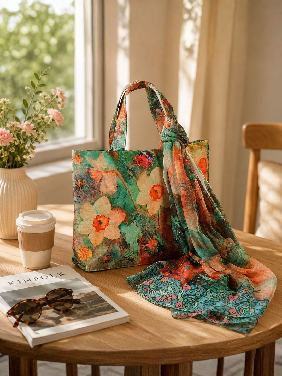 Tropical Bloom Tote - Vibrant Floral Bag with Designer Scarf