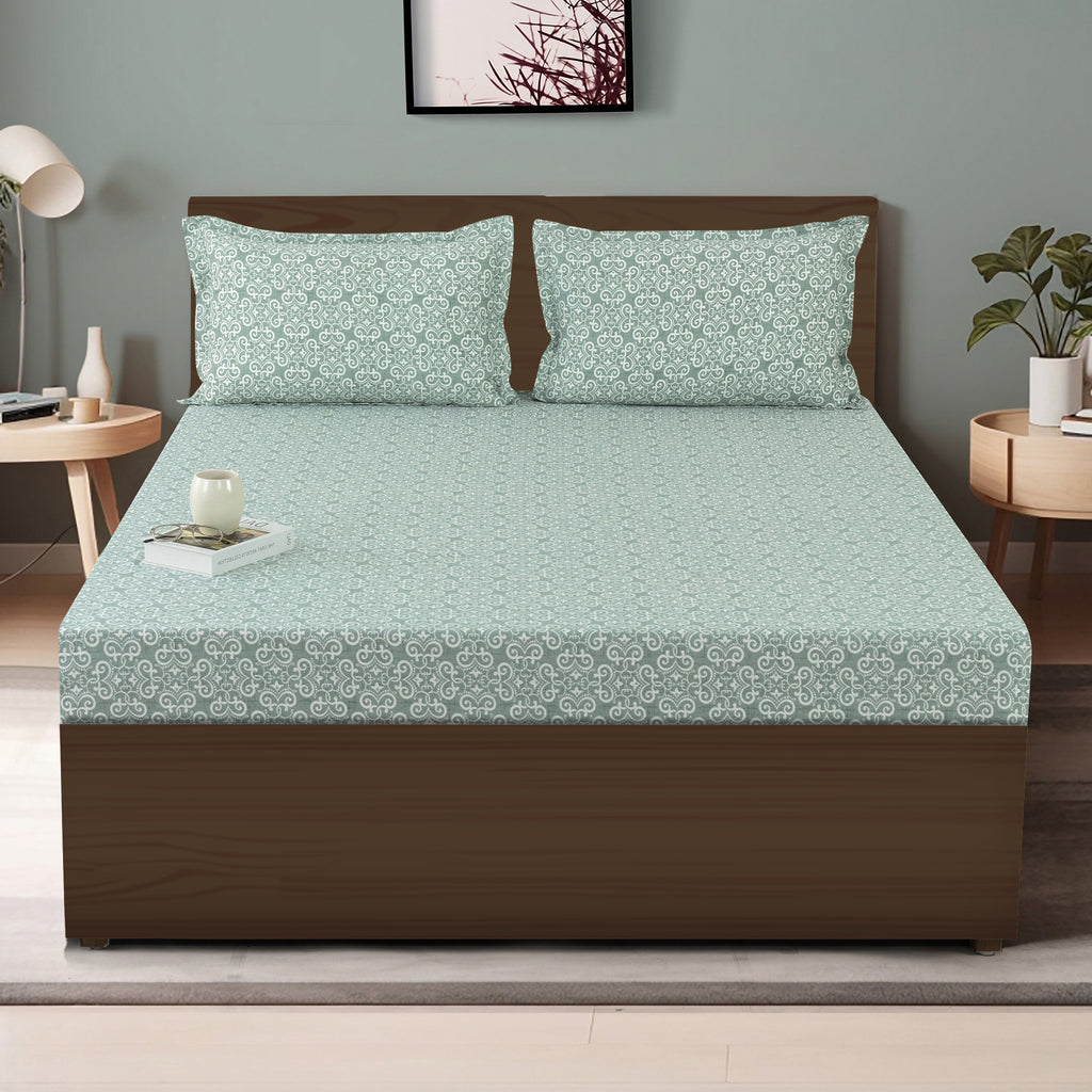 Ornamental Swirl Sage Green 210 TC Pure Cotton King Fitted Bedsheet with 2 Pillow Covers (72 x 78 x 10 Inches)