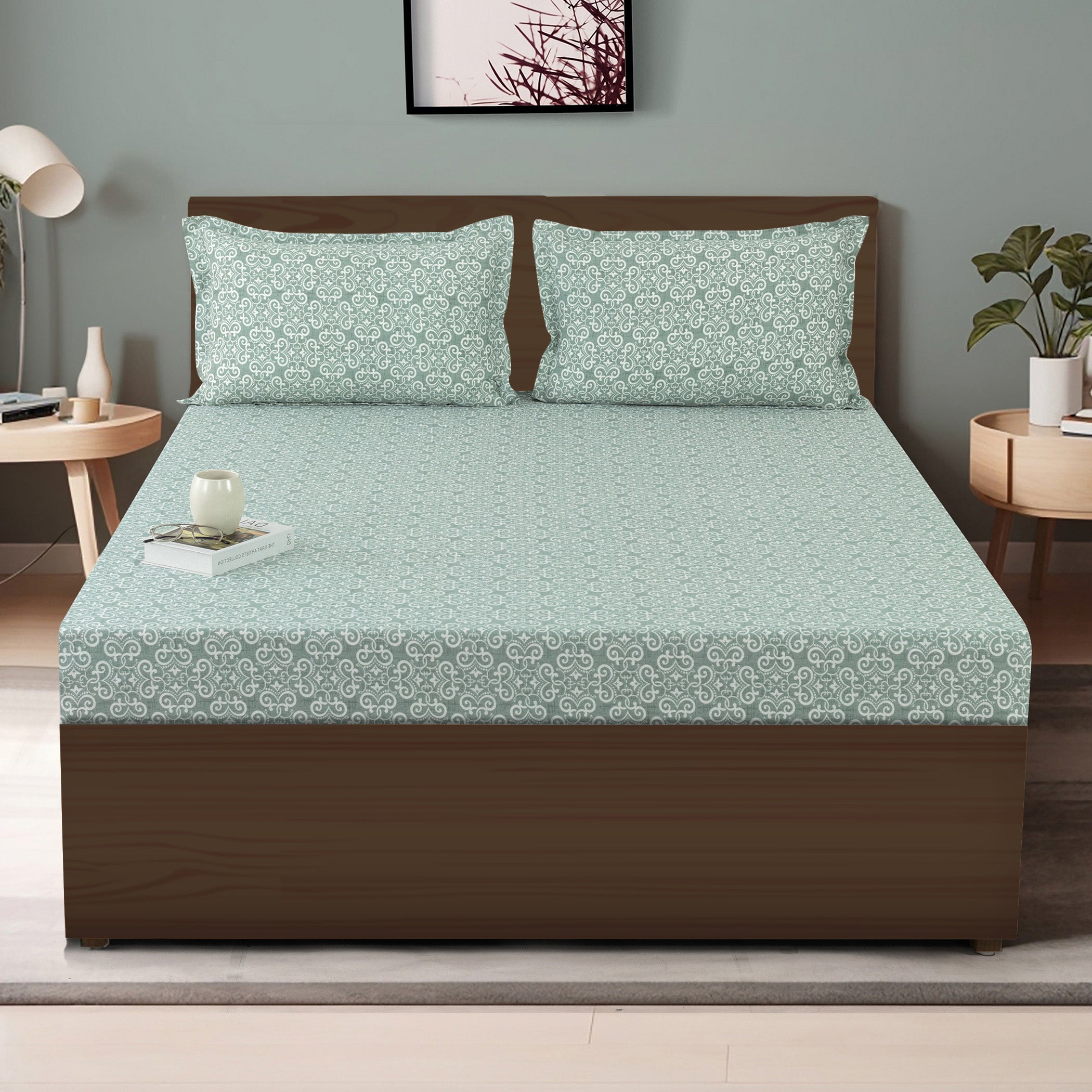 Ornamental Swirl Sage Green 210 TC Pure Cotton King Fitted Bedsheet with 2 Pillow Covers (72 x 78 x 10 Inches)