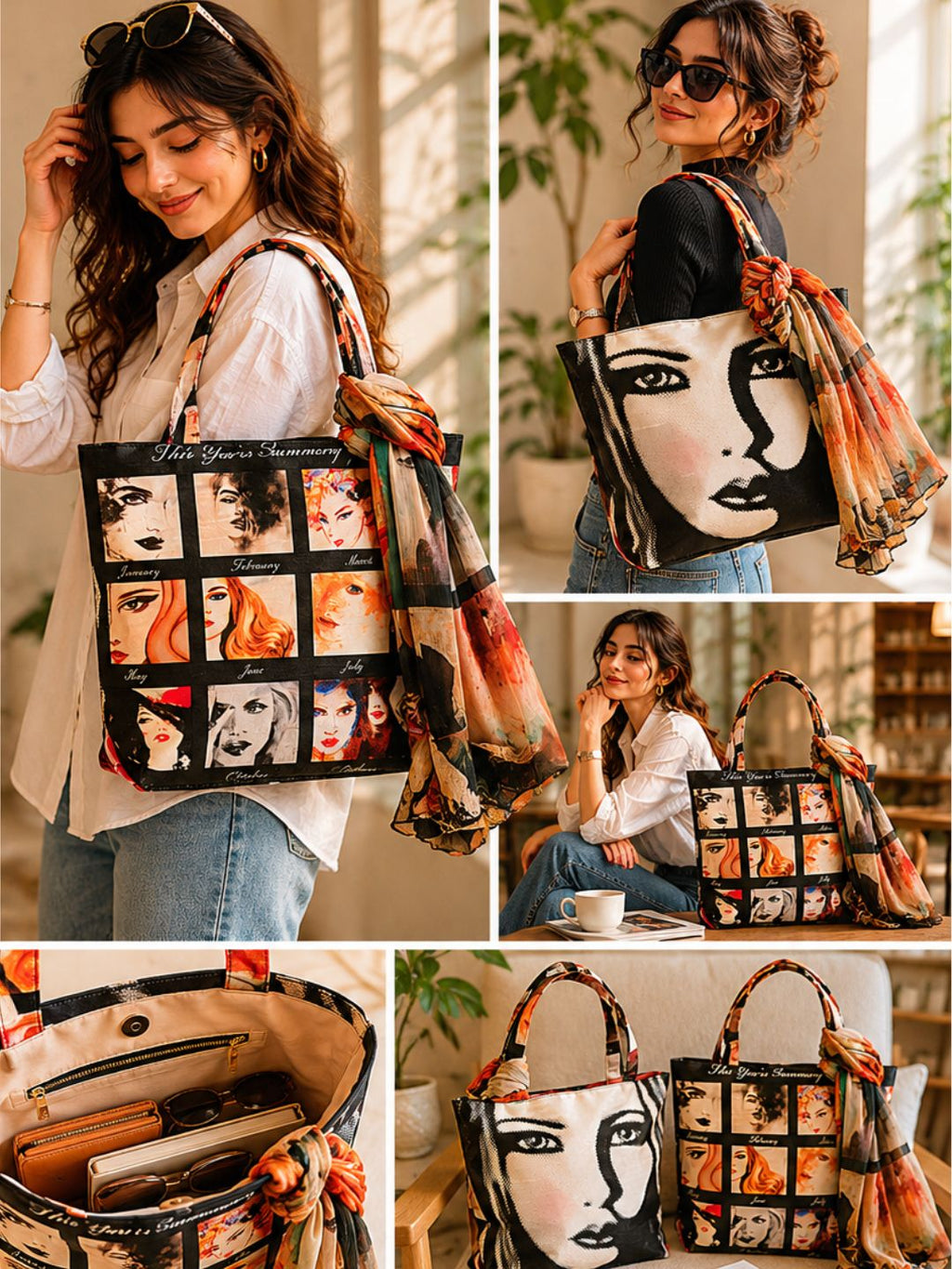 "Retro Glance" Artistic Square-Print Tote Bag with Matching Scarf