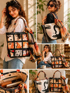 "Retro Glance" Artistic Square-Print Tote Bag with Matching Scarf