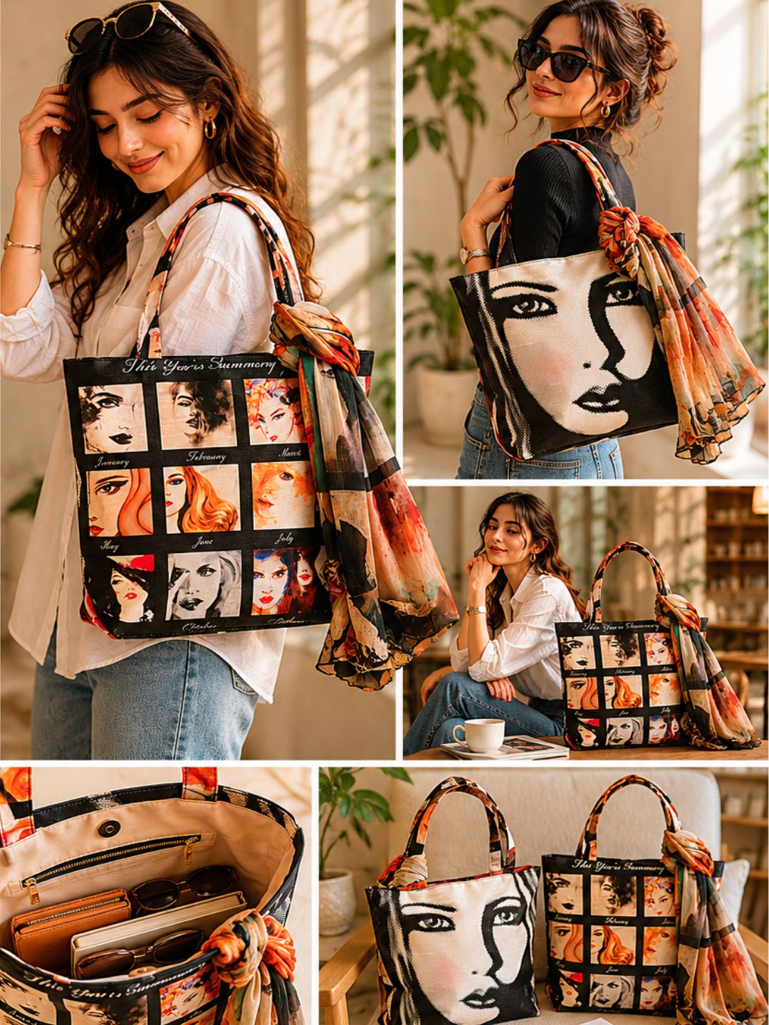 "Retro Glance" Artistic Square-Print Tote Bag with Matching Scarf
