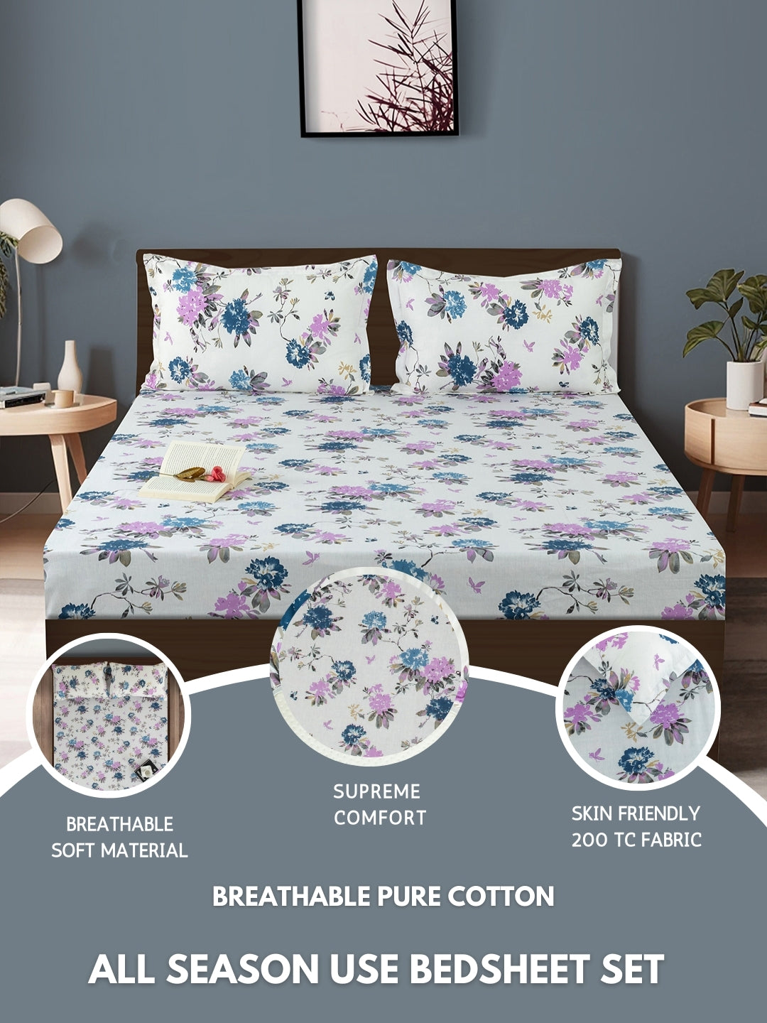 Elegant Beige Floral Vine Pure Cotton 210 TC Super King Bedsheet with 2 Pillow Covers (108x108 Inches)