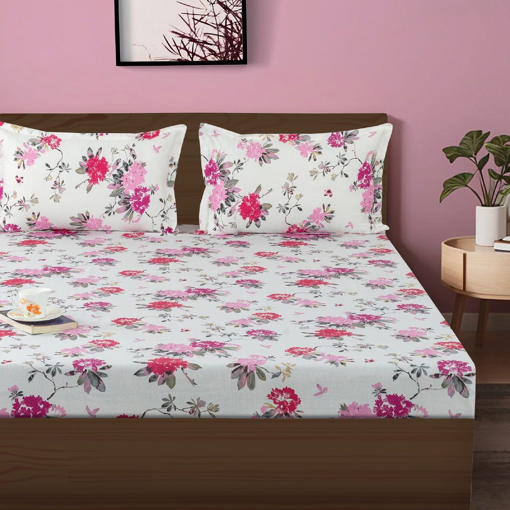 Elegant Pink Floral Pure Cotton 210 TC King Fitted Bedsheet with 2 Pillow Covers (72x78x10 Inches)