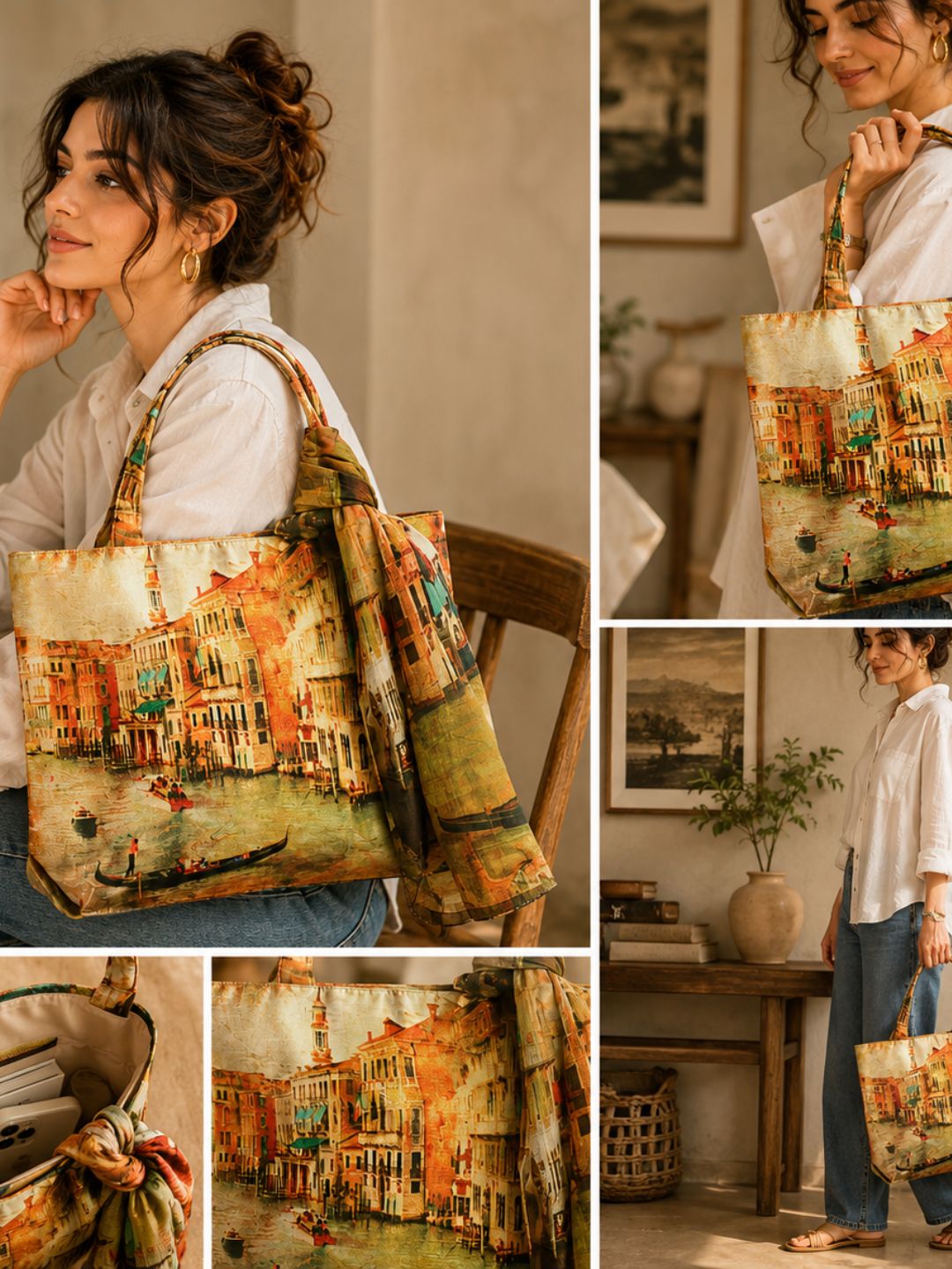 Golden Hour Venice - Premium Art Print Shoulder Bag with Matching Scarf
