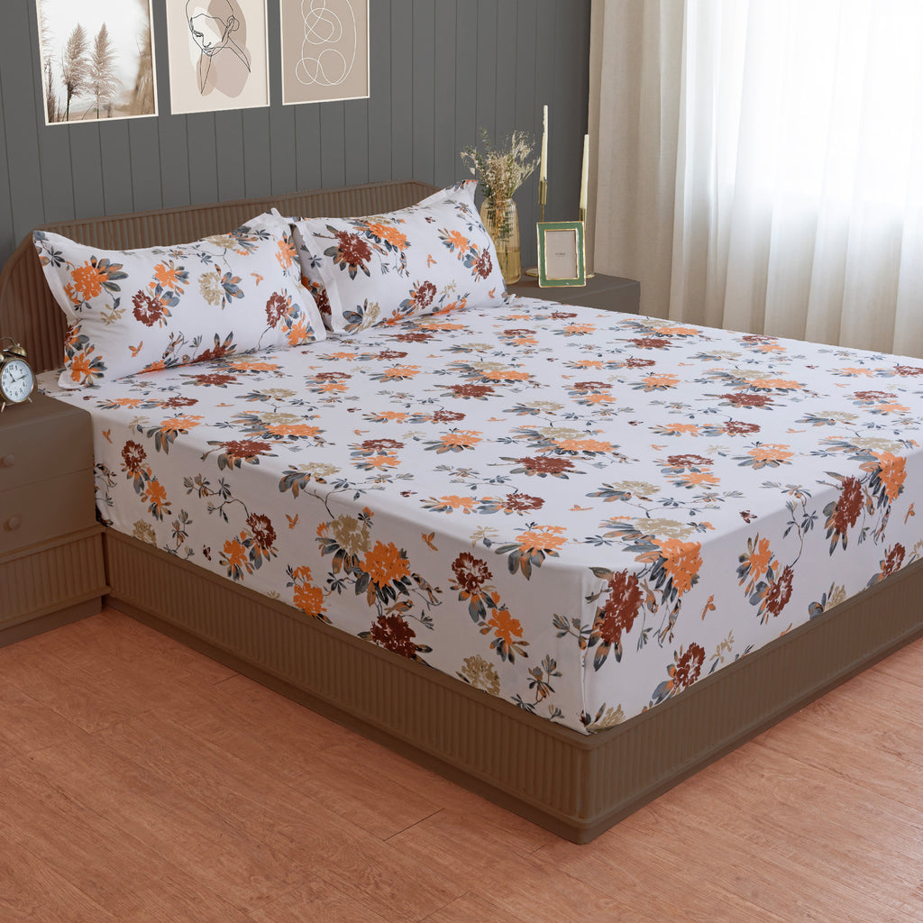 Grey Floral Vine Pure Cotton 210 TC Super King Bedsheet with 2 Pillow Covers (108x108 Inches)