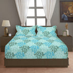 Aqua Meadow Breeze Cotton Blended Cotton Double Queen Bedsheet with 2 Pillow Covers - Nature-Inspired Botanical Print (90x100 inches)