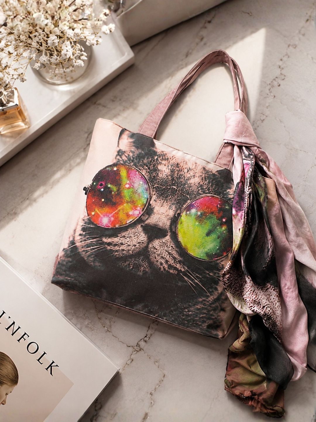 Galactic Whiskers - Digitally Printed Cat-Themed Tote Bag with Abstract Cosmic Design