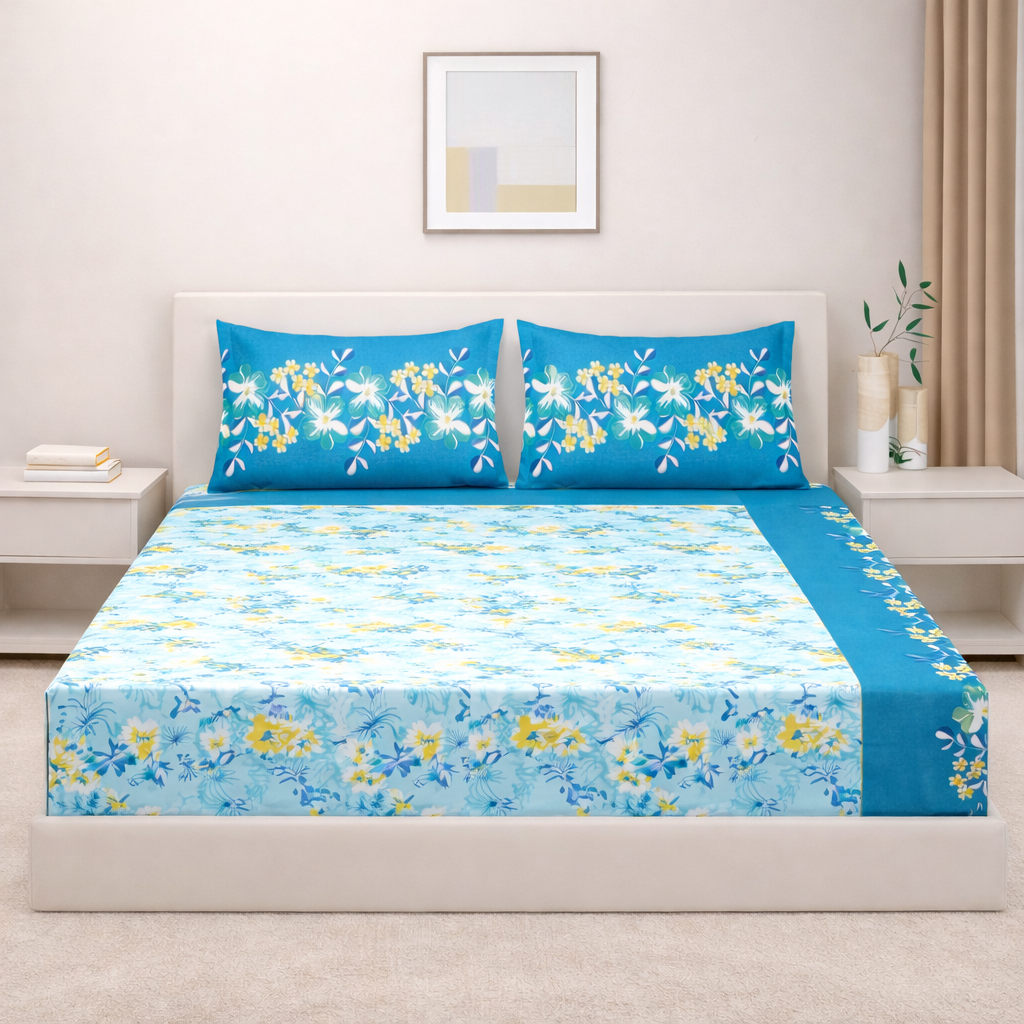 Blue Floral Print Pure Cotton 120 TC Double King Bedsheet with 2 Pillow Covers (90x108 Inches)