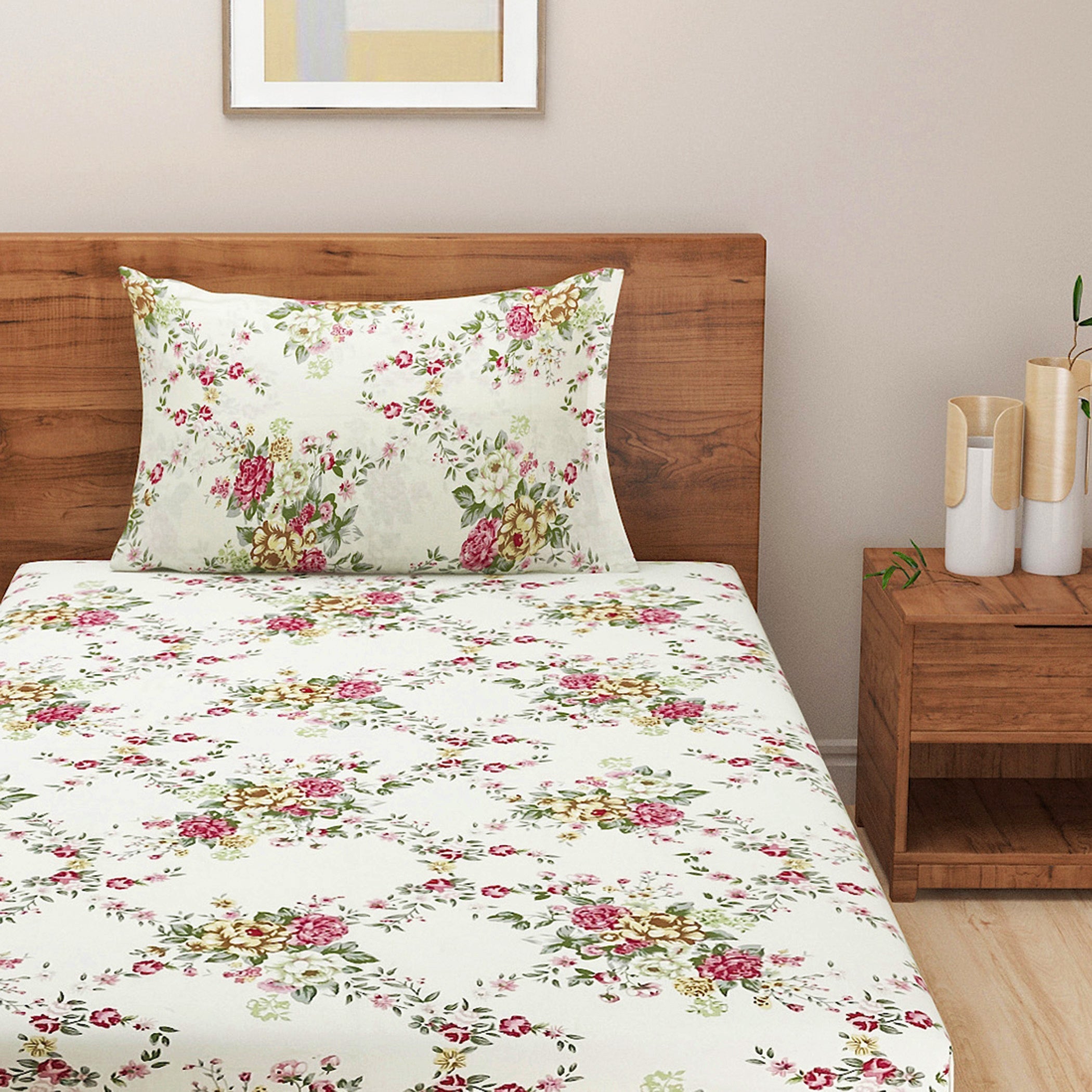 Elegant Ivory Floral Pure Cotton 250 TC Single Bedsheet with 1 Pillow Cover (60x90 Inches)