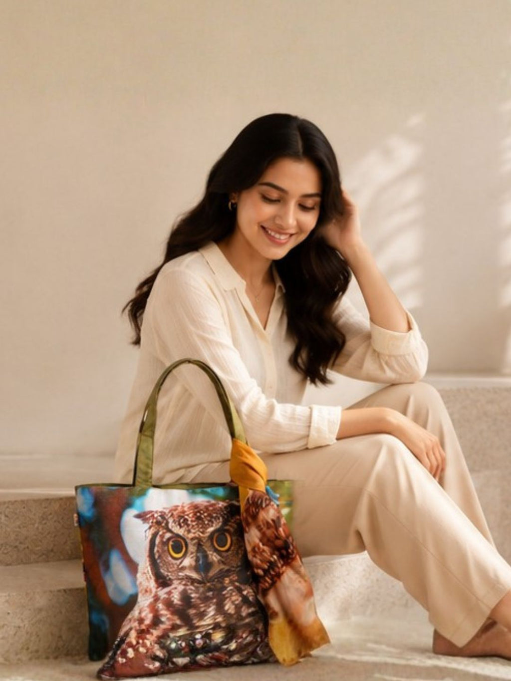 Night Watcher - Owl Portrait Tote with Forest-Hued Wrap