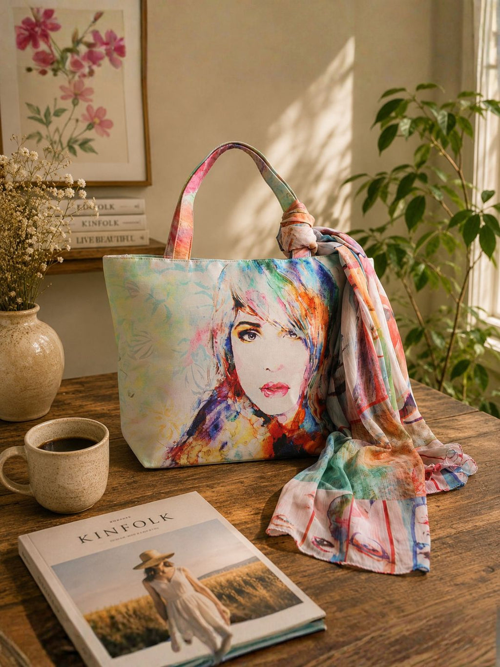 Whimsical Muse - Soft Pastel Shoulder Bag with Artistic Faces & Floral Scarf