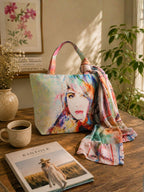 Whimsical Muse - Soft Pastel Shoulder Bag with Artistic Faces & Floral Scarf