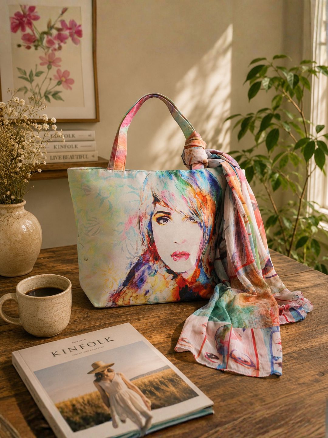 Whimsical Muse - Soft Pastel Shoulder Bag with Artistic Faces & Floral Scarf