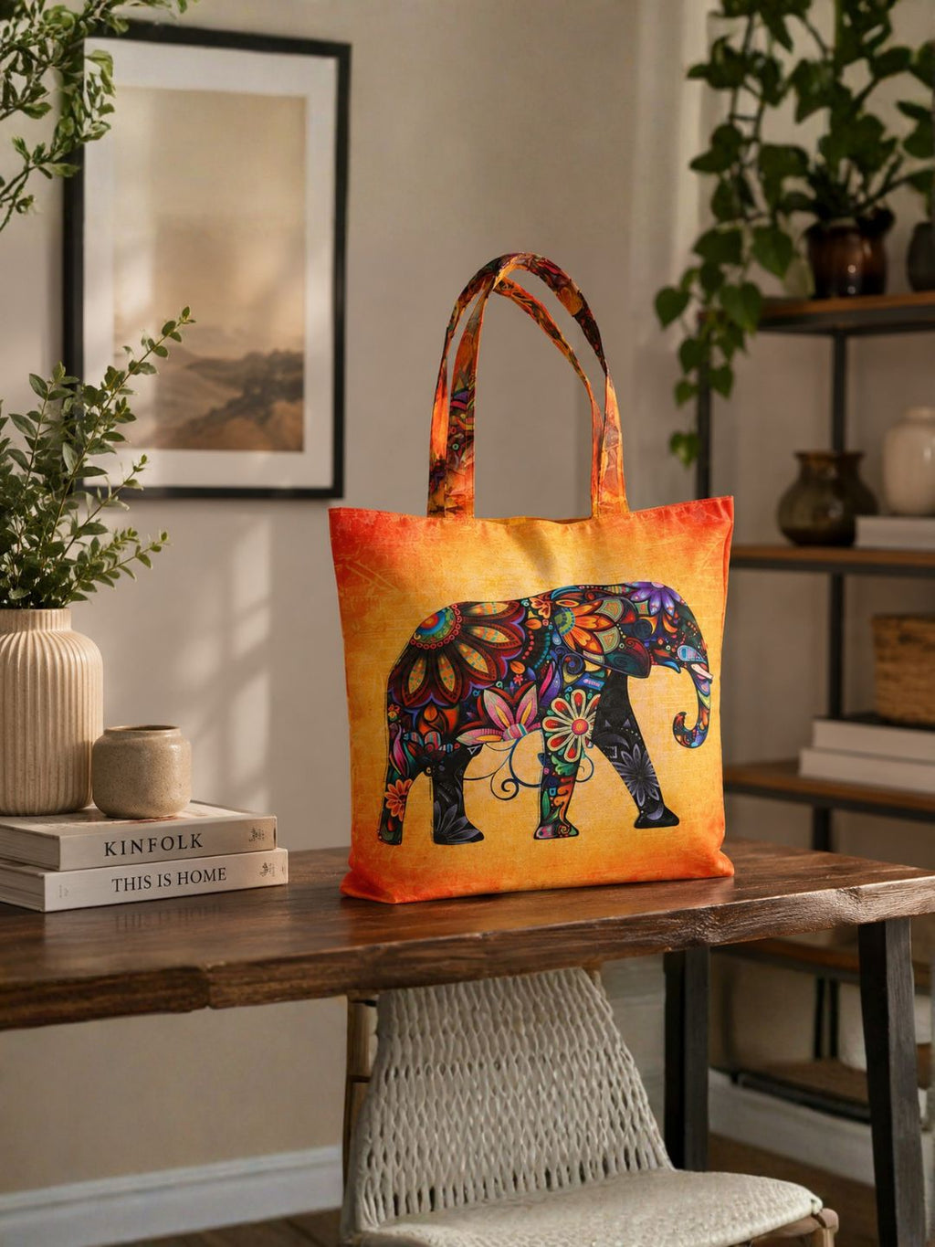 Boho Royal Elephant - Artistic Printed Tote Bag with Inner Pockets & Sturdy Dual Handles
