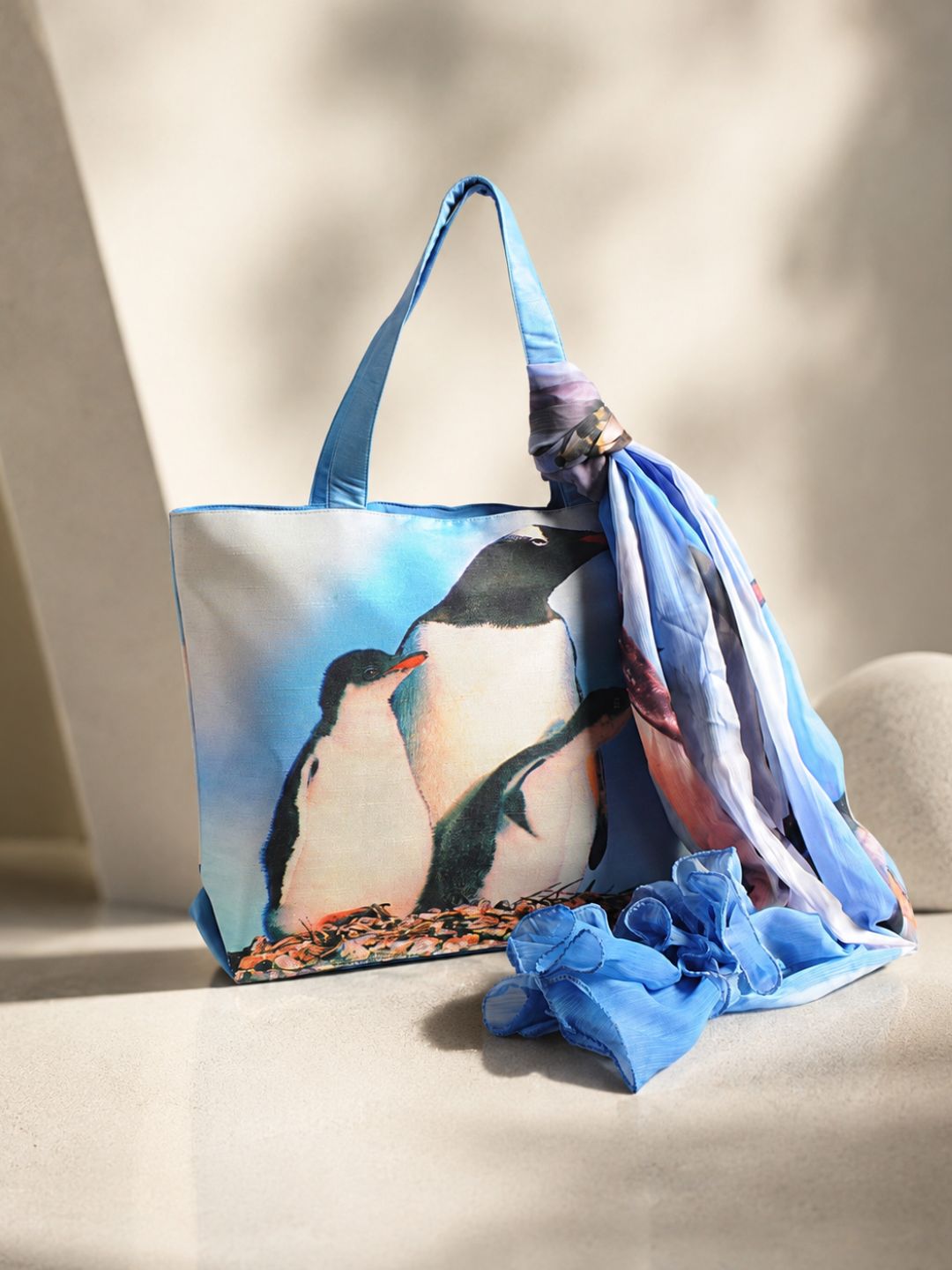 Arctic Companions - Penguin Family Tote with Blue Ombre Wrap