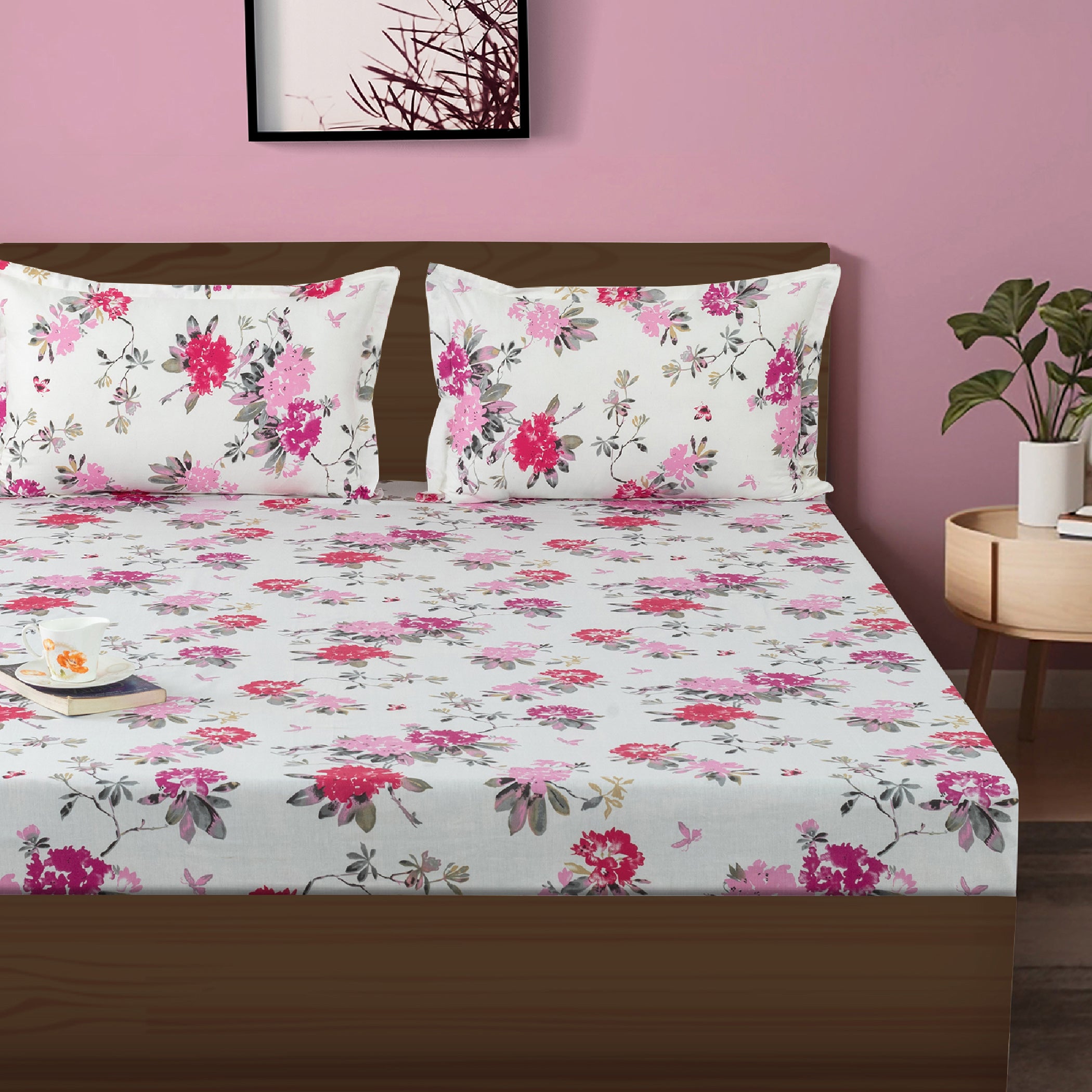 Elegant Pink Floral Pure Cotton 210 TC Super King Bedsheet with 2 Pillow Covers (108x108 Inches)