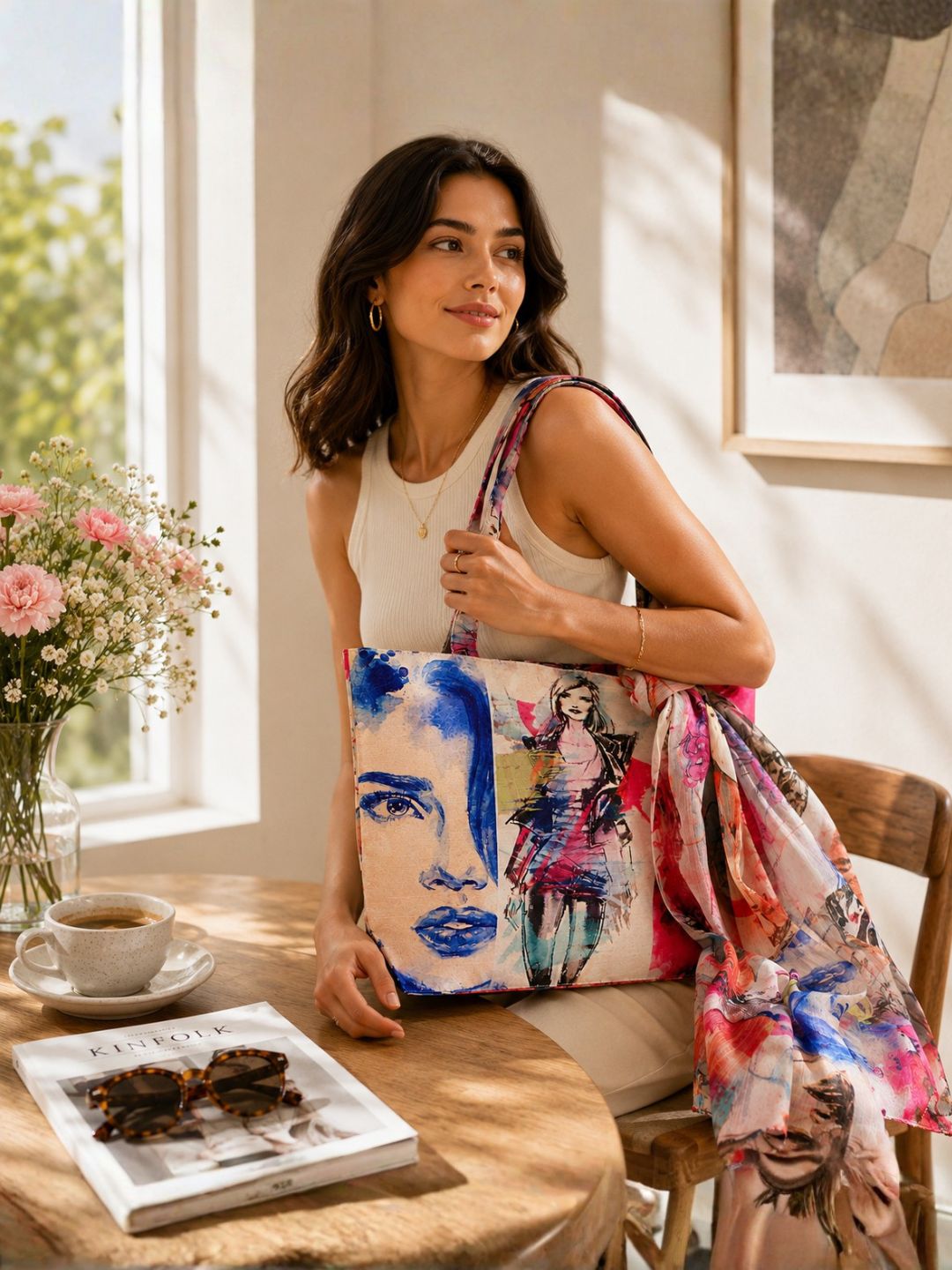 Urban Chic Canvas Tote - Bold Fashion Sketch Bag with Scarf
