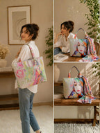 Whimsical Muse - Soft Pastel Shoulder Bag with Artistic Faces & Floral Scarf