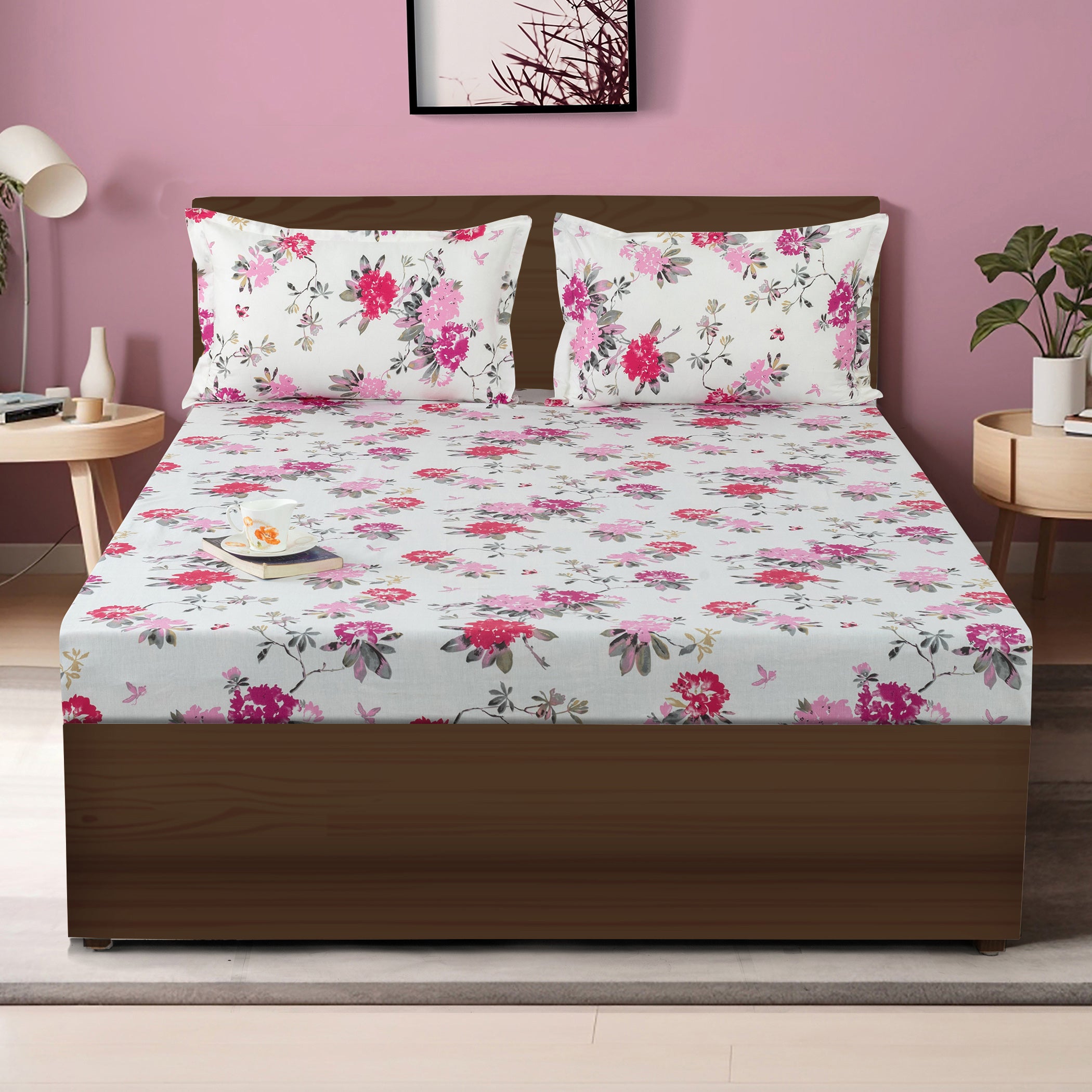 Elegant Pink Floral Pure Cotton 210 TC King Fitted Bedsheet with 2 Pillow Covers (72x78x10 Inches)