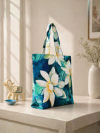 Botanical Lotus Bloom - Floral Printed Tote Bag in Soft Aqua and Yellow Accents