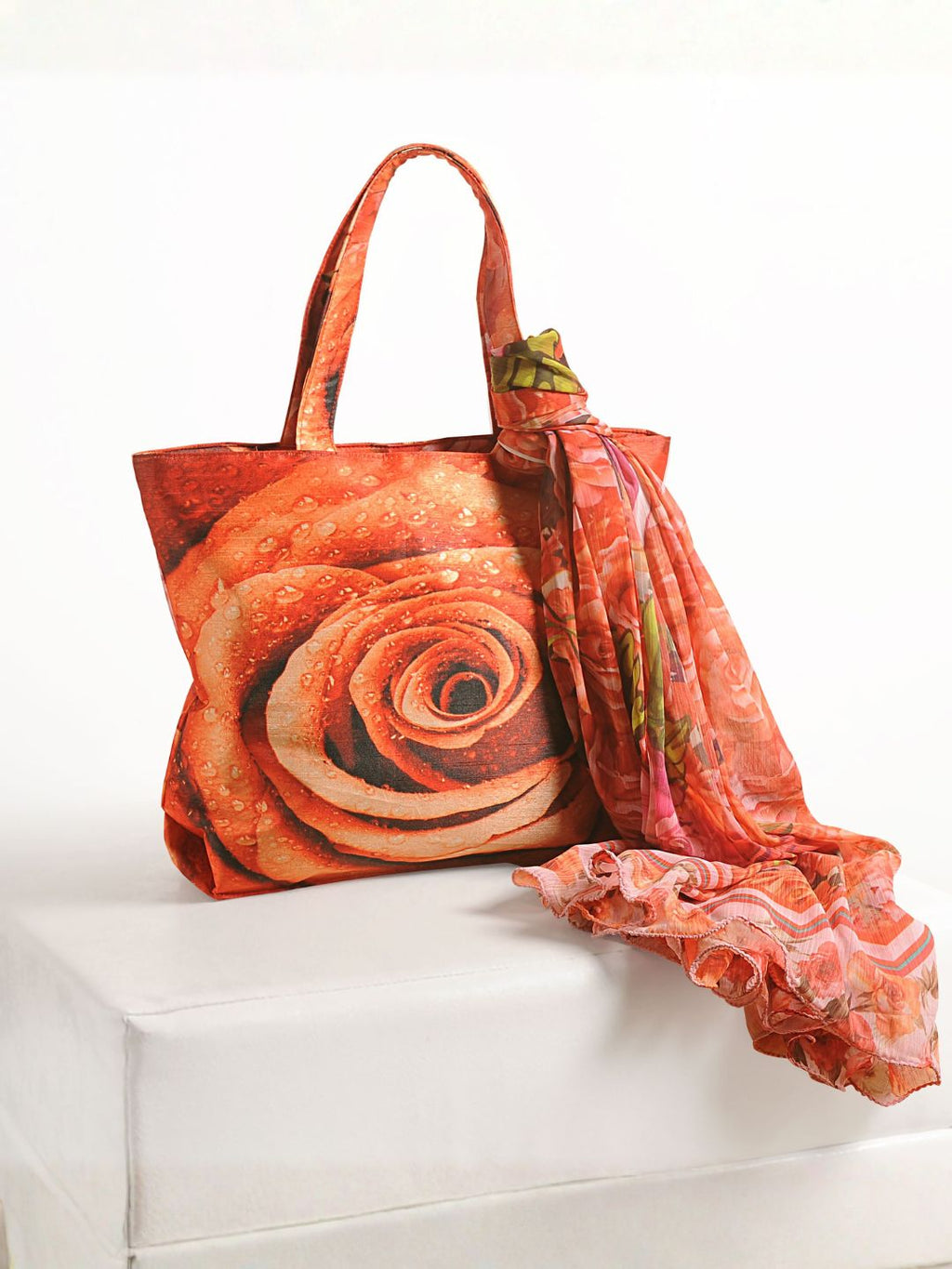 Romantic Rose Bloom - Digitally Printed Floral Tote Bag with Coordinated Scarf