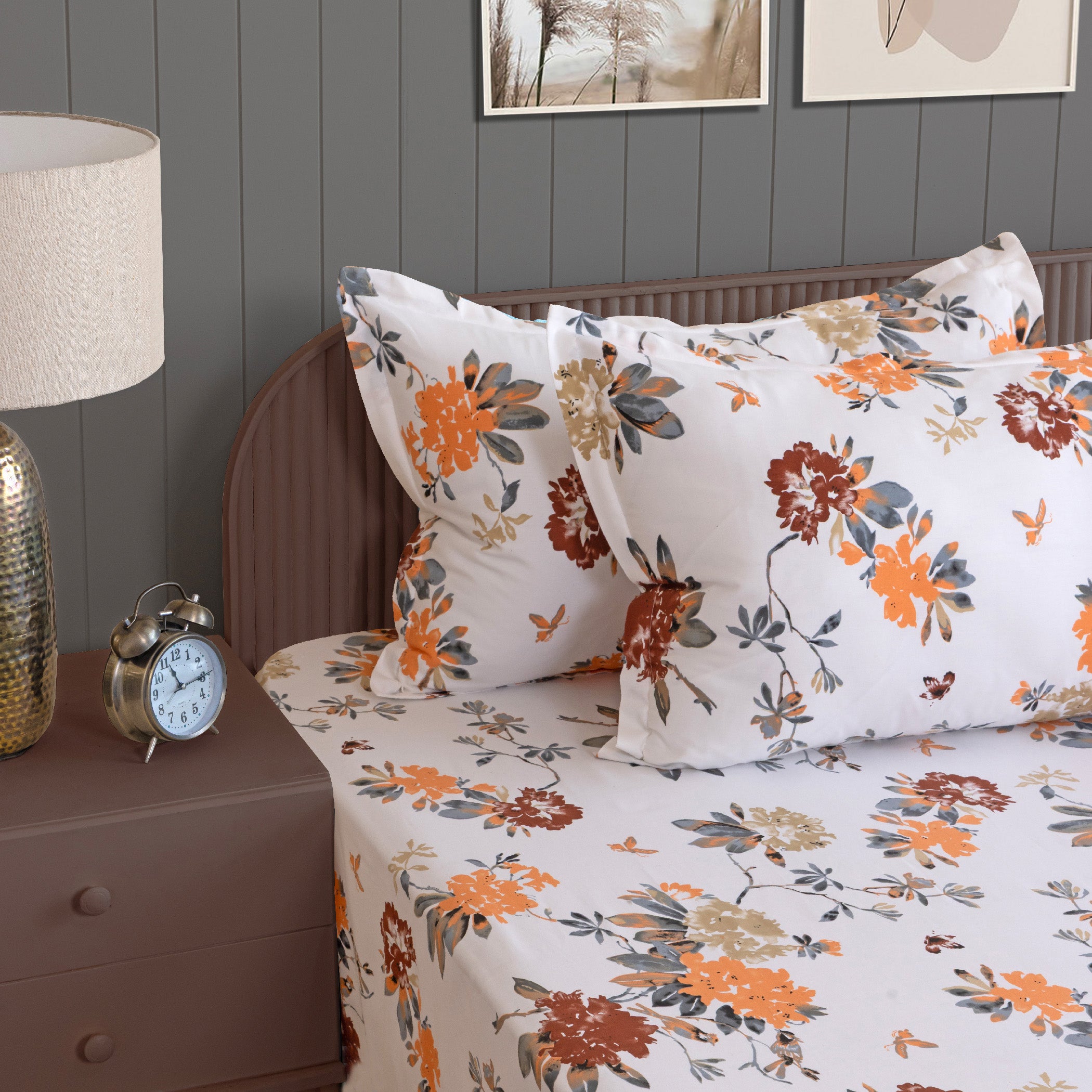 Grey Floral Vine Pure Cotton 210 TC Double King Bedsheet with 2 Pillow Covers (90x100 Inches)