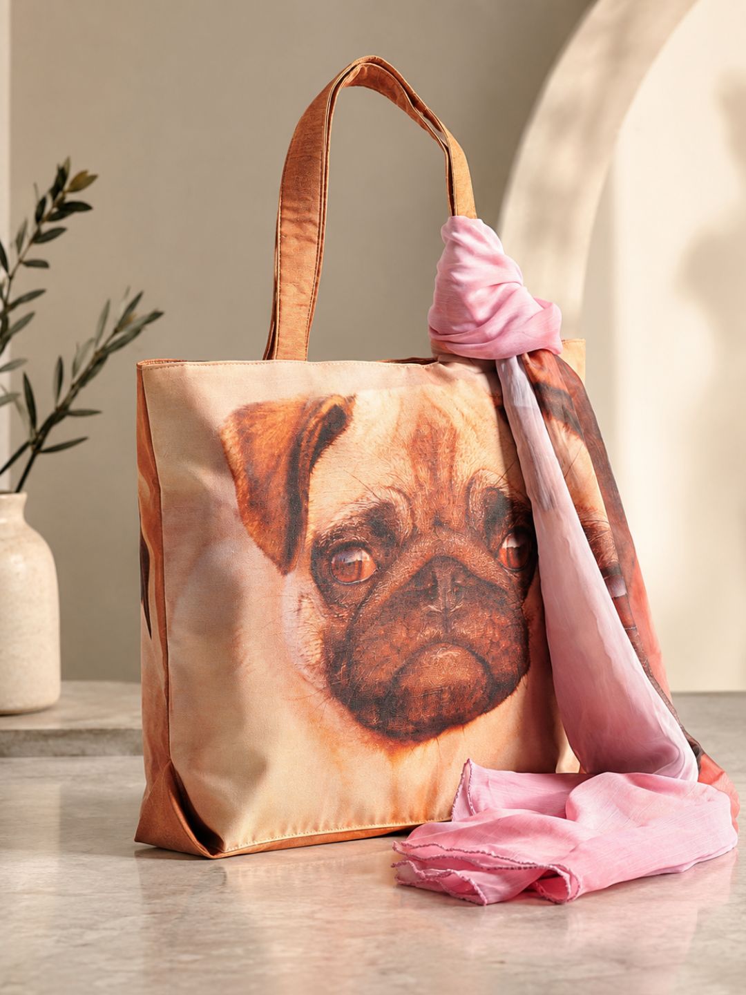 Paw-sitive Mood - Pug Portrait Tote with Blush Pink Wrap