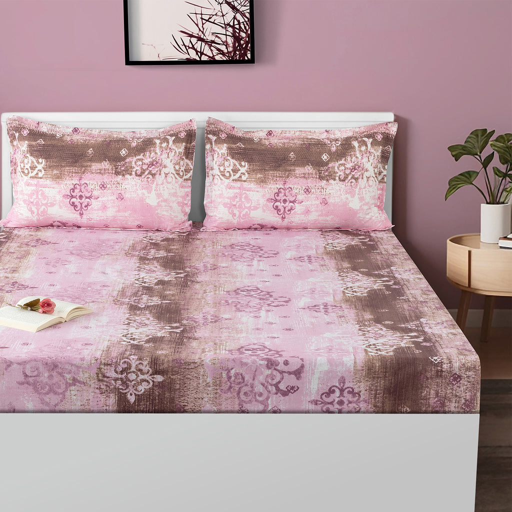 Rose Damask Pink & Brown Abstract 160 TC Pure Cotton Bedsheet with Pillow Cover
