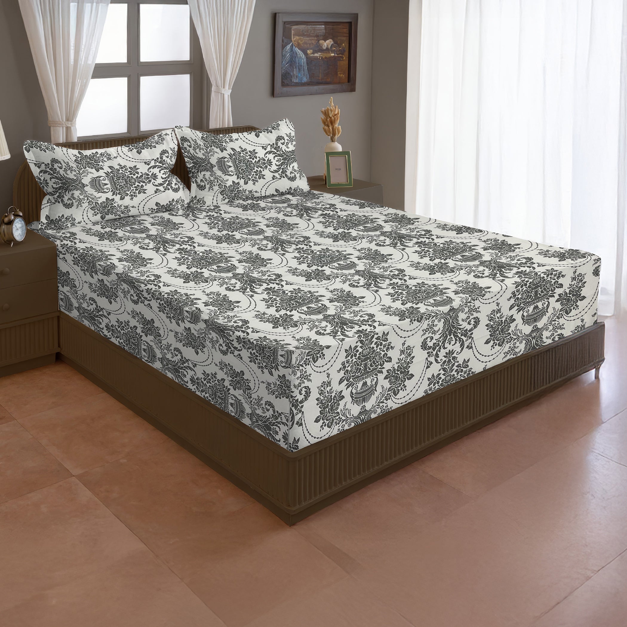 Elegant Majesty - Grey 120TC 100% Cotton Floral Double Queen (90x100 Inches)