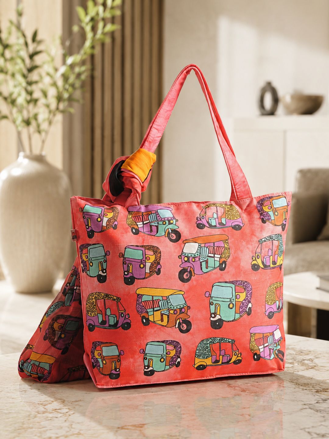 Desi Ride Vibes - Rickshaw Pop Art Tote with Quirky Wrap